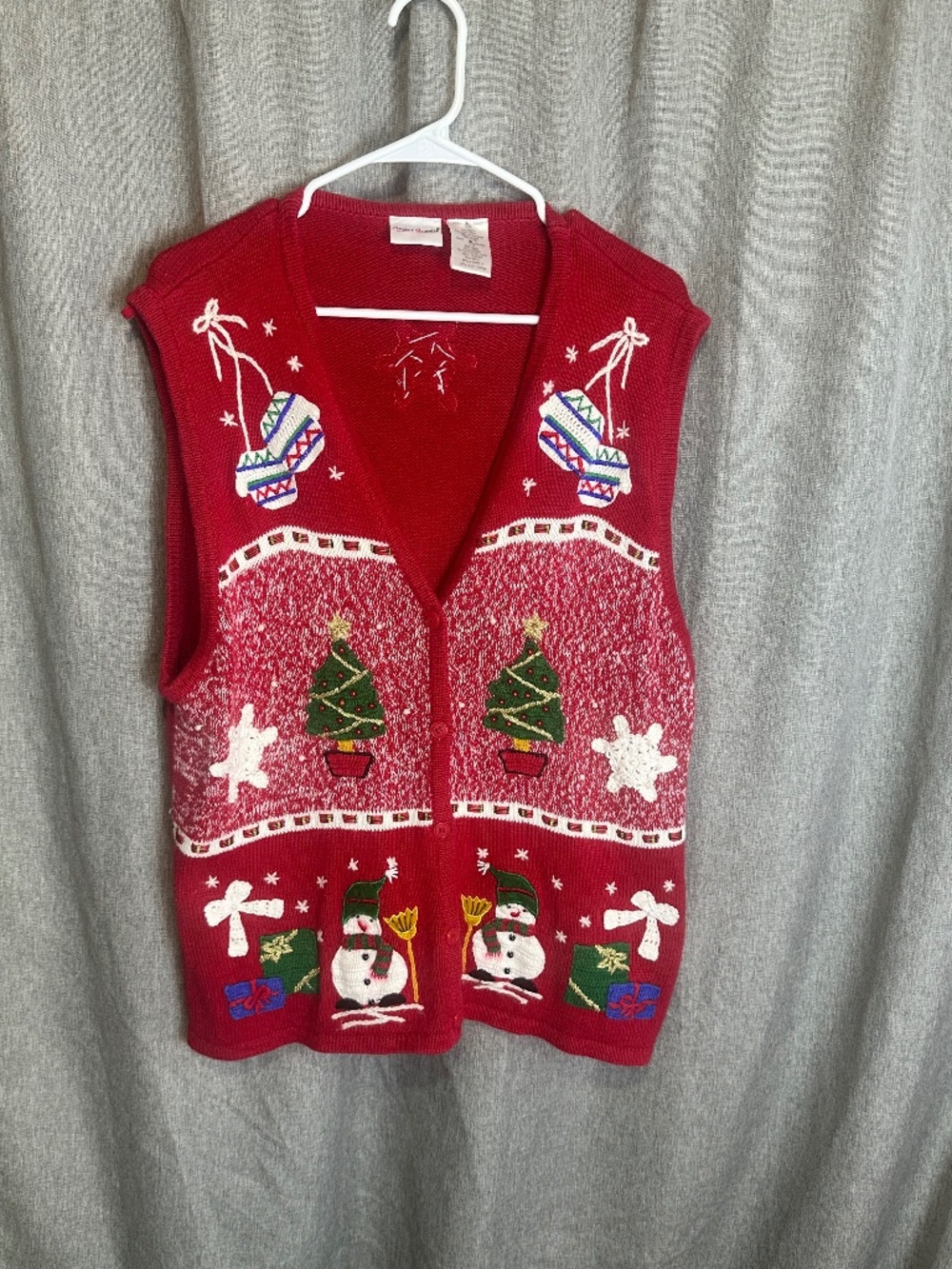 Vintage Bobbie Brooks Ugly Christmas Sweater Vest Red Knit Beaded - Size XL